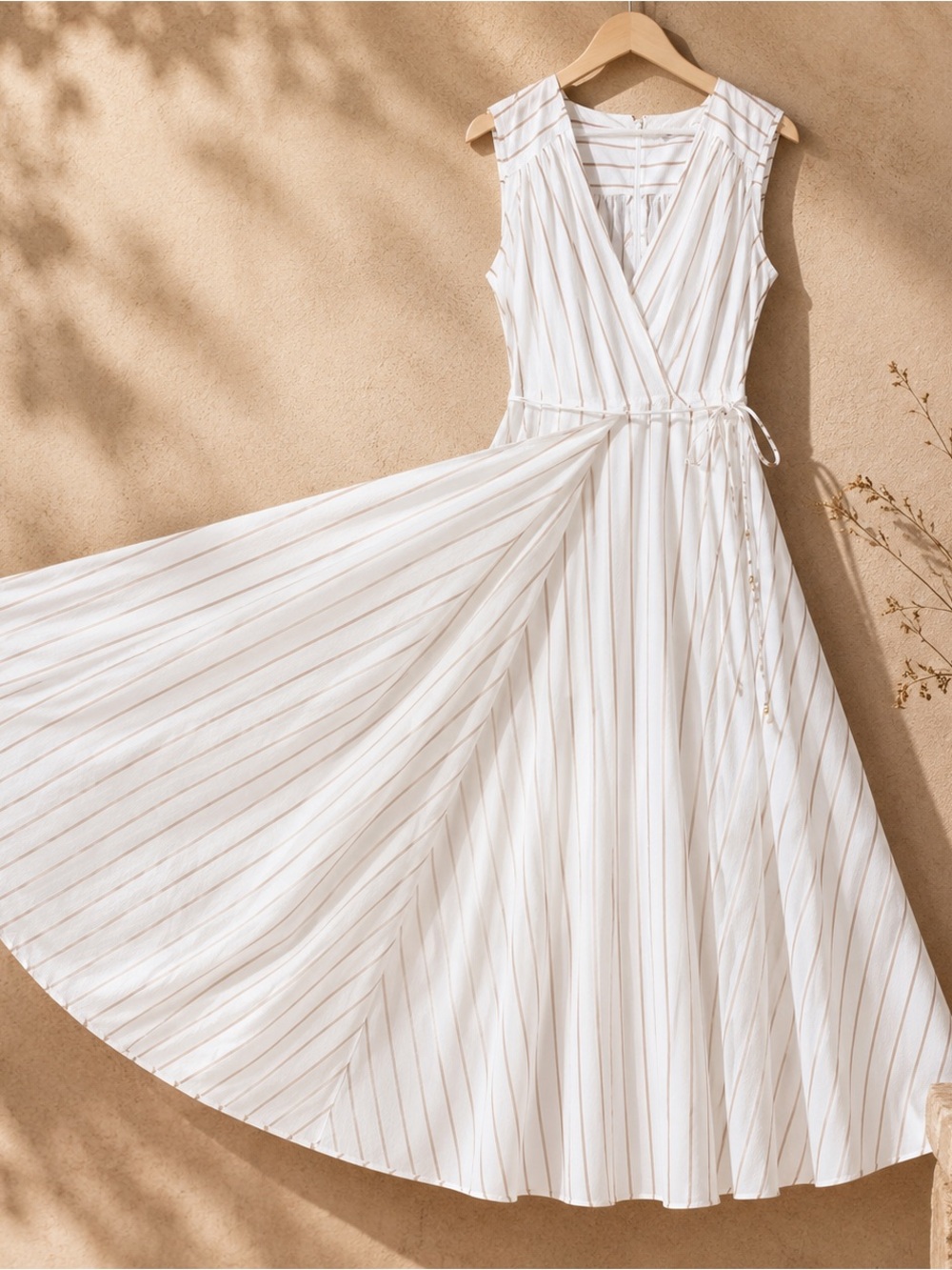 Calvin Klein Cream and White Striped Wrap Midi Dress - Picture 7 of 9
